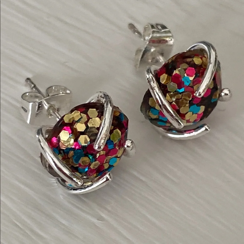 Handmade Multicolor Confetti Glitter Ball Stud 925 Sterling Silver Earrings